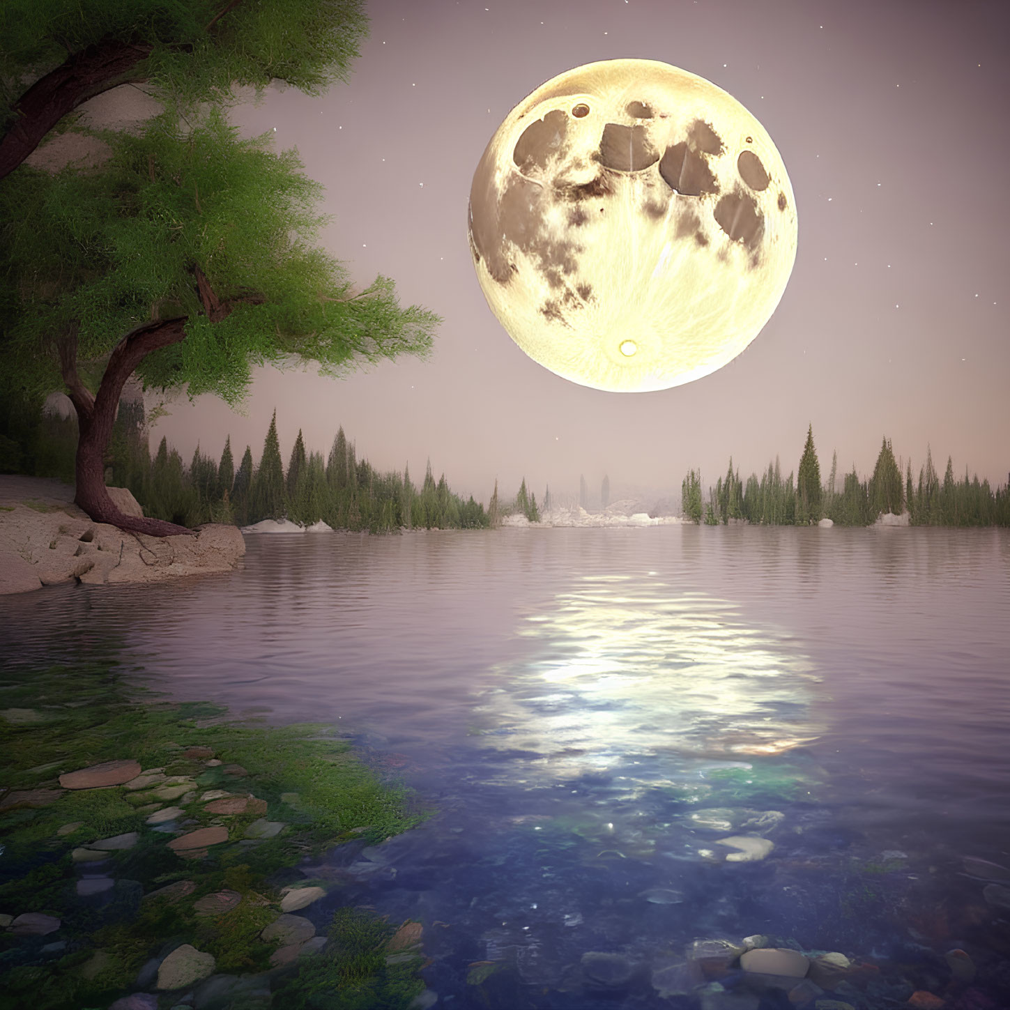 Detailed Moon Over Serene Lakeside Scene at Dusk