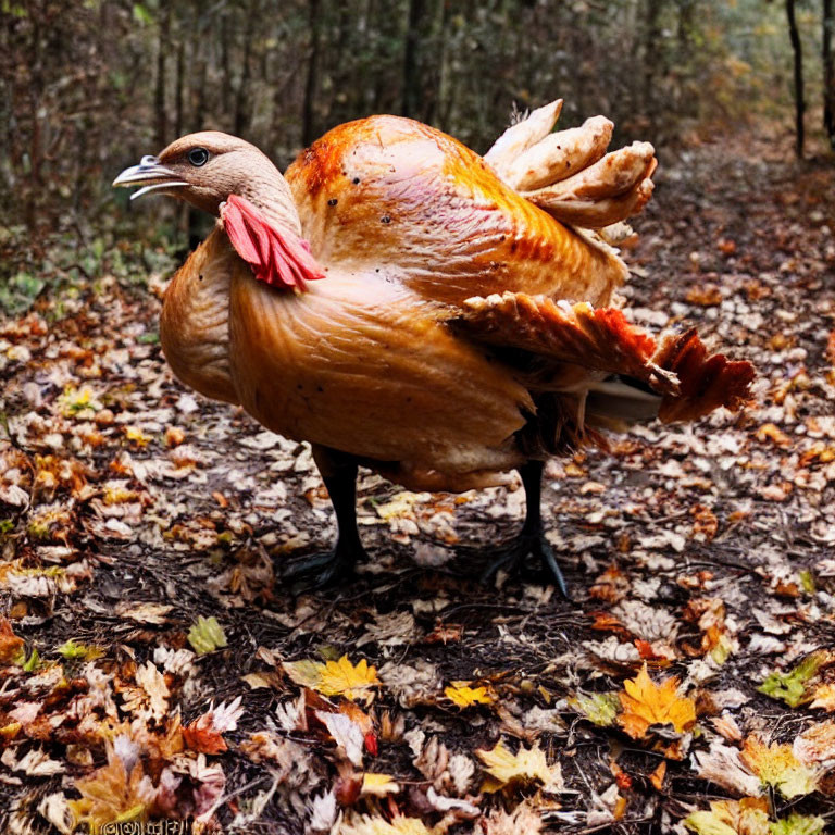 Puffed-out turkey in autumn forest with fallen leaves