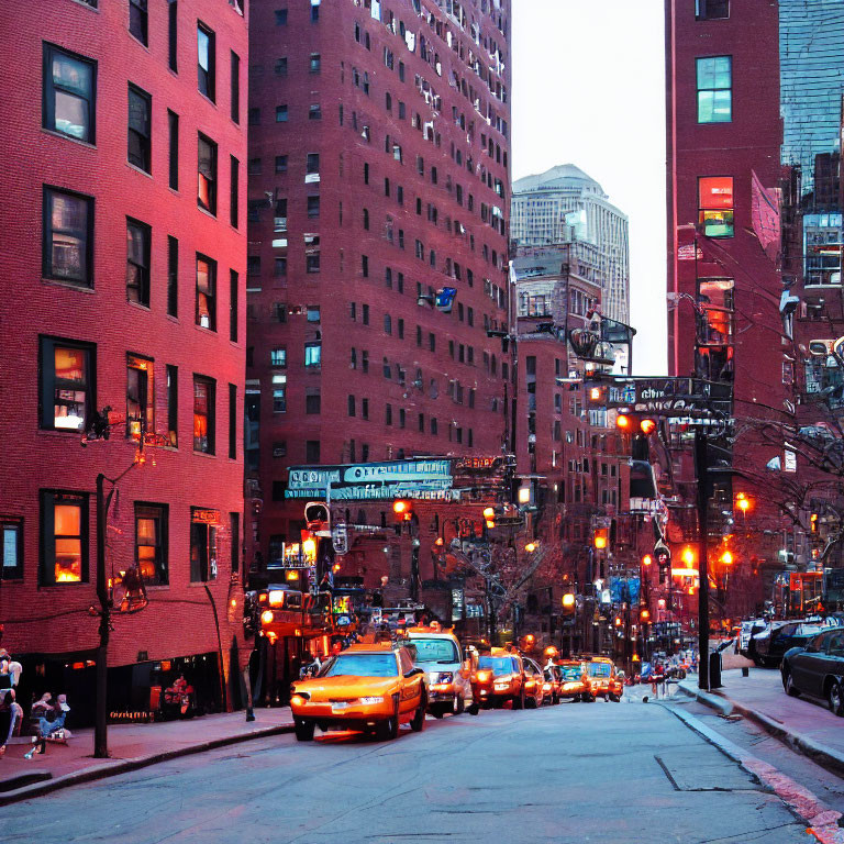 City street at twilight with red brick buildings, neon signs, and glowing car headlights