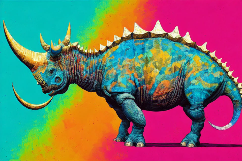 Colorful Stylized Rhinoceros Illustration on Vibrant Background