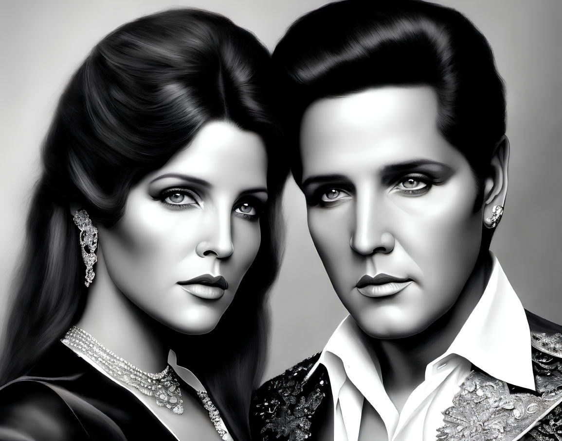 Monochrome digital painting of glamorous couple with pompadour and voluminous hair