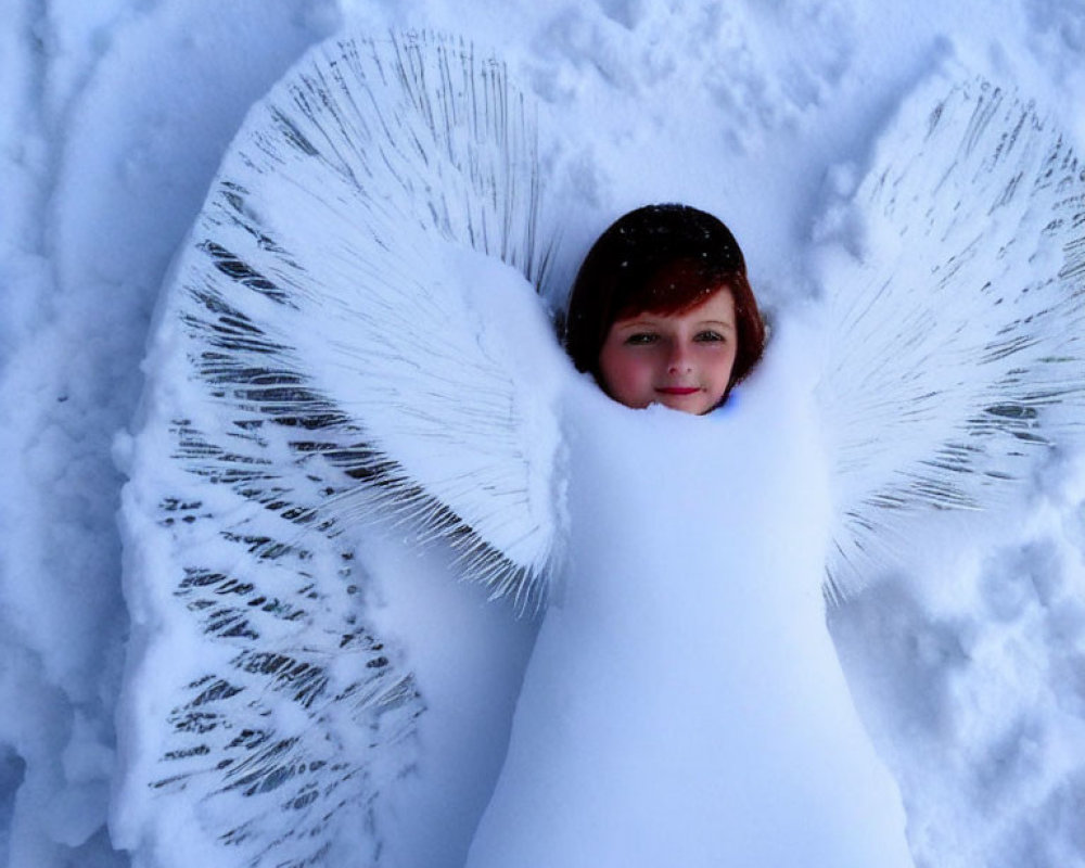 Child creates angel wings in snow with outstretched arms