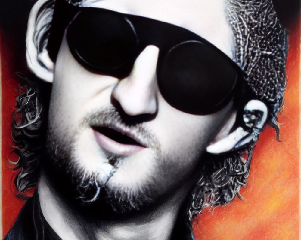 Stylized portrait of man with sunglasses, curly hair, beard, smoking, vibrant red and black