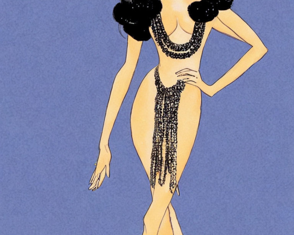 Stylized woman with black hair, pearl necklace, and black bodysuit on blue background