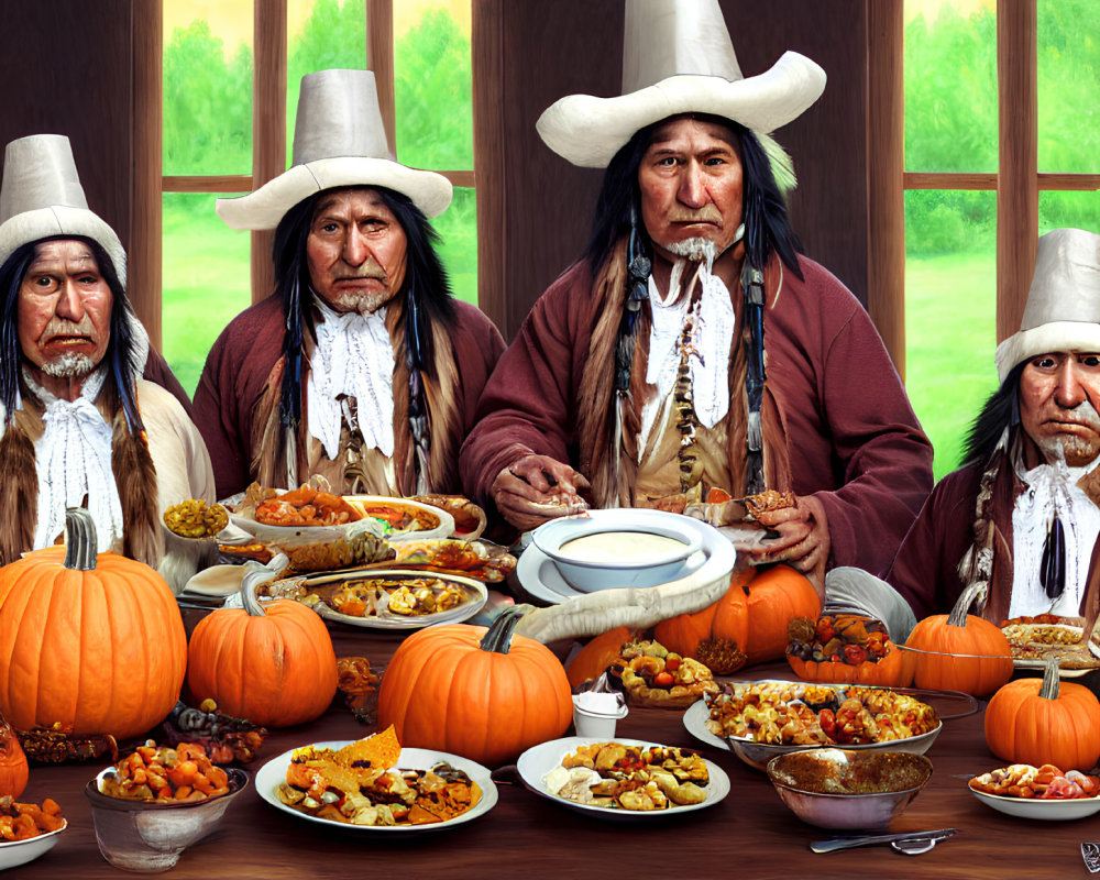 Traditional Thanksgiving feast with Native American men in attire and pumpkins, scenic view.