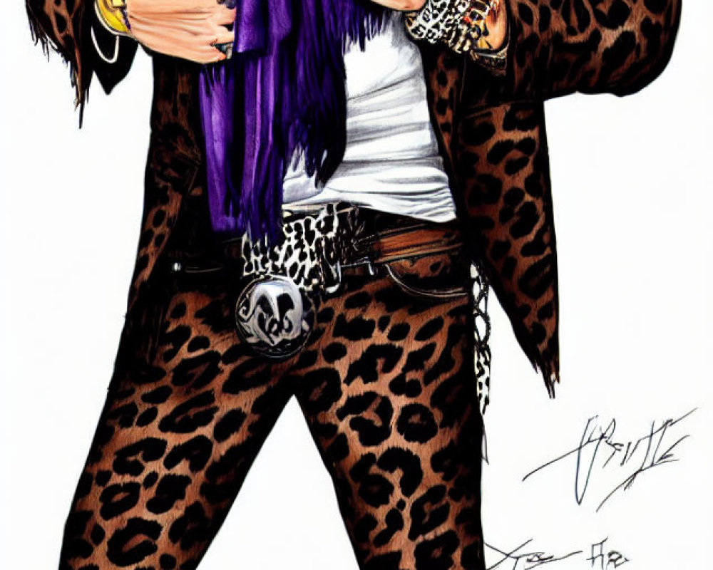 Fashionable illustration of person in leopard print pants, blazer, purple scarf, heavy jewelry.