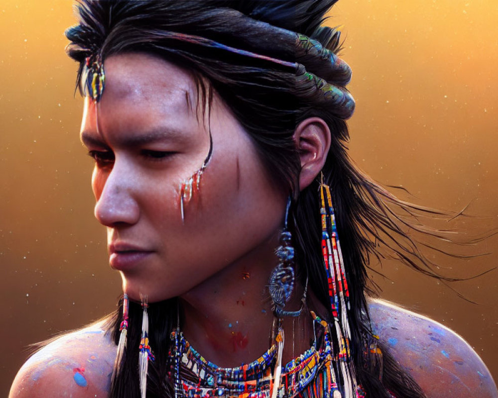 Detailed Portrait of Person in Indigenous Attire with Beadwork and Feathers