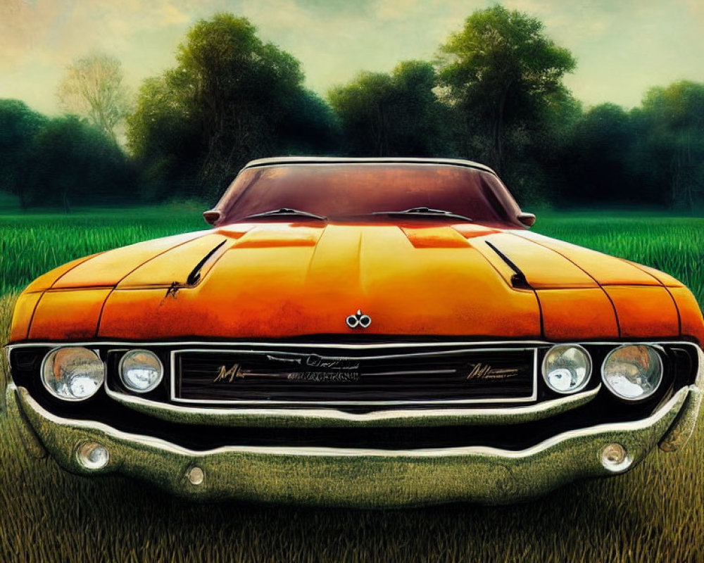 Vintage orange muscle car with chrome grille and headlights on grassy field in serene green landscape.