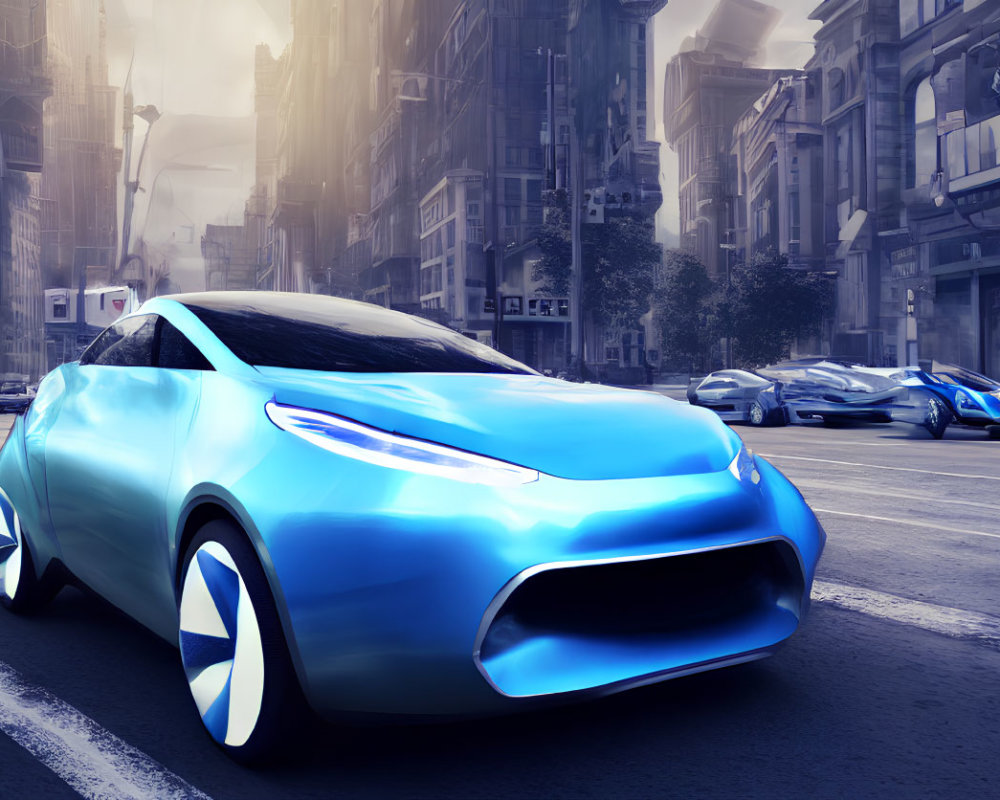 Futuristic Blue Car Parked on City Street with Modern Vehicles and Skyscrapers