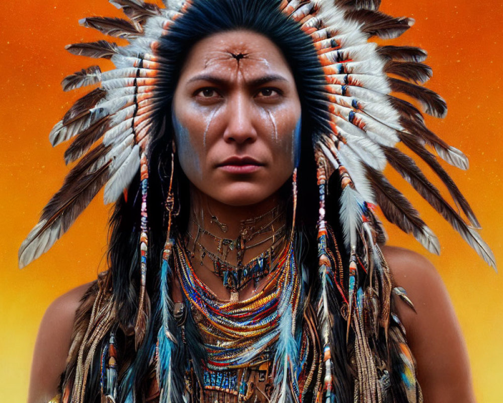 Elaborate feather headdress and beaded necklaces on person against orange backdrop