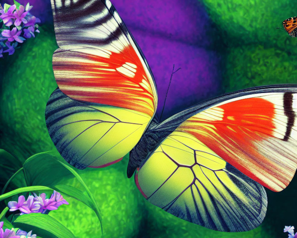 Vibrant butterfly digital artwork with orange, white, and yellow wings in nature scene