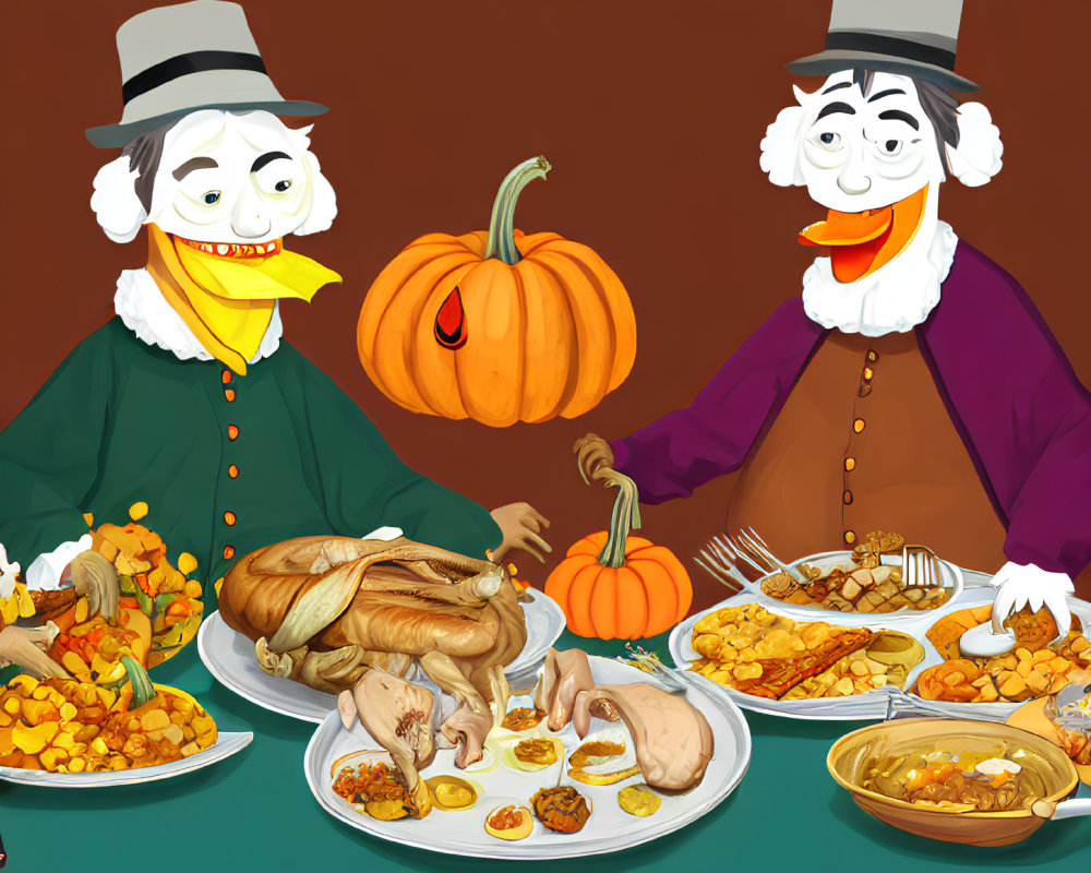 Cartoon pilgrims with Thanksgiving feast featuring turkey and pumpkin