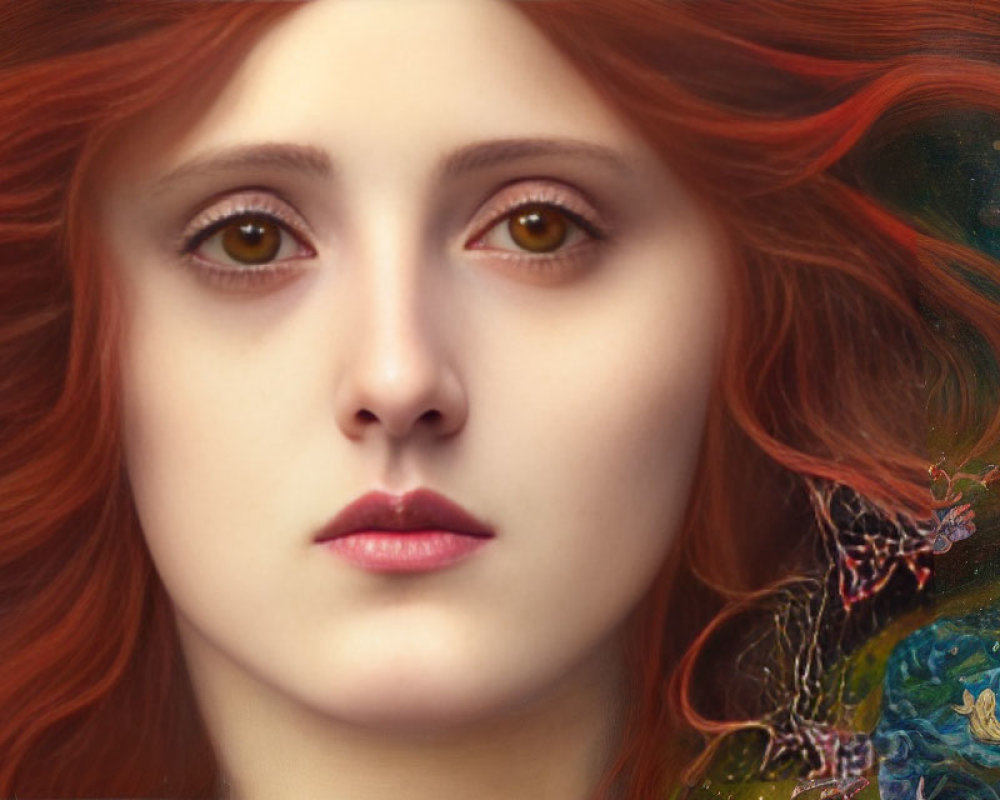 Detailed digital painting of woman with red hair and amber eyes against cosmic backdrop