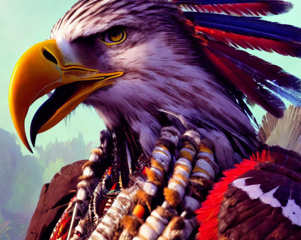 Majestic eagle with vibrant feathers and intricate beading in lush setting