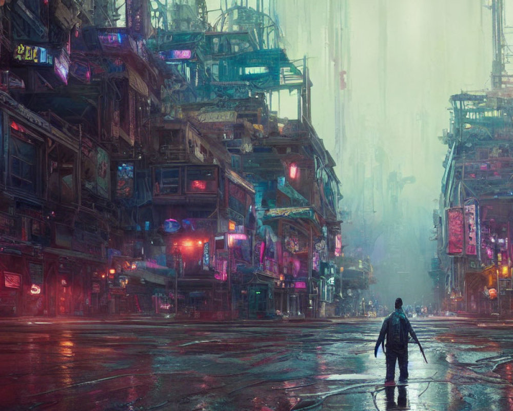 Futuristic city street scene with neon-lit buildings in rain