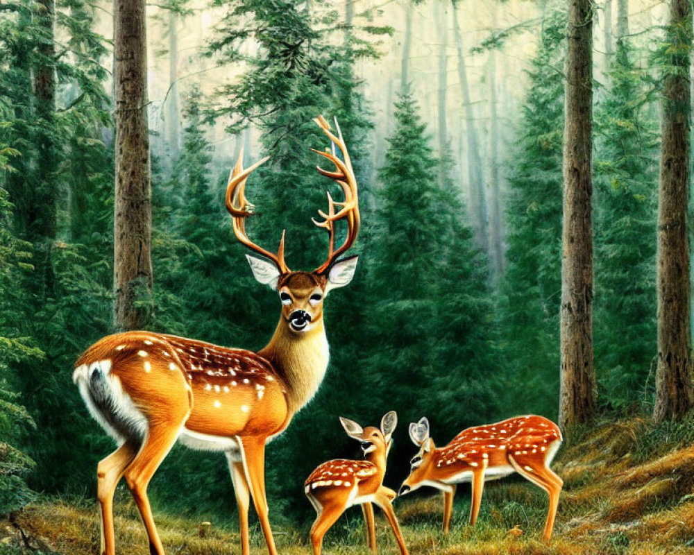 Majestic Stag with Antlers Among Two Fawns in Sunlit Forest