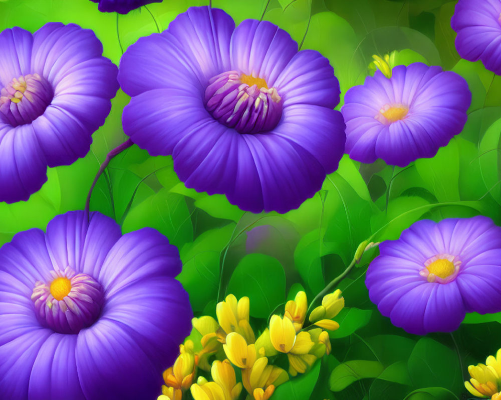 Detailed digital artwork of large purple flowers with golden centers on lush green background