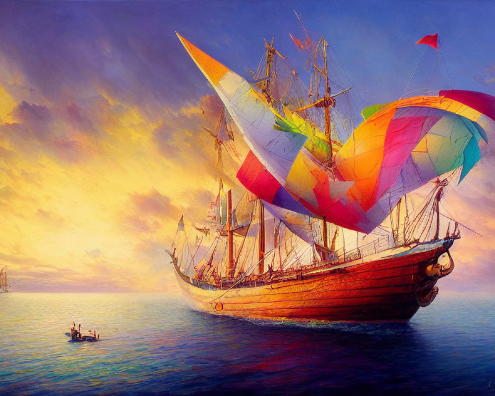 Colorful sailing ship painting on serene ocean at sunset