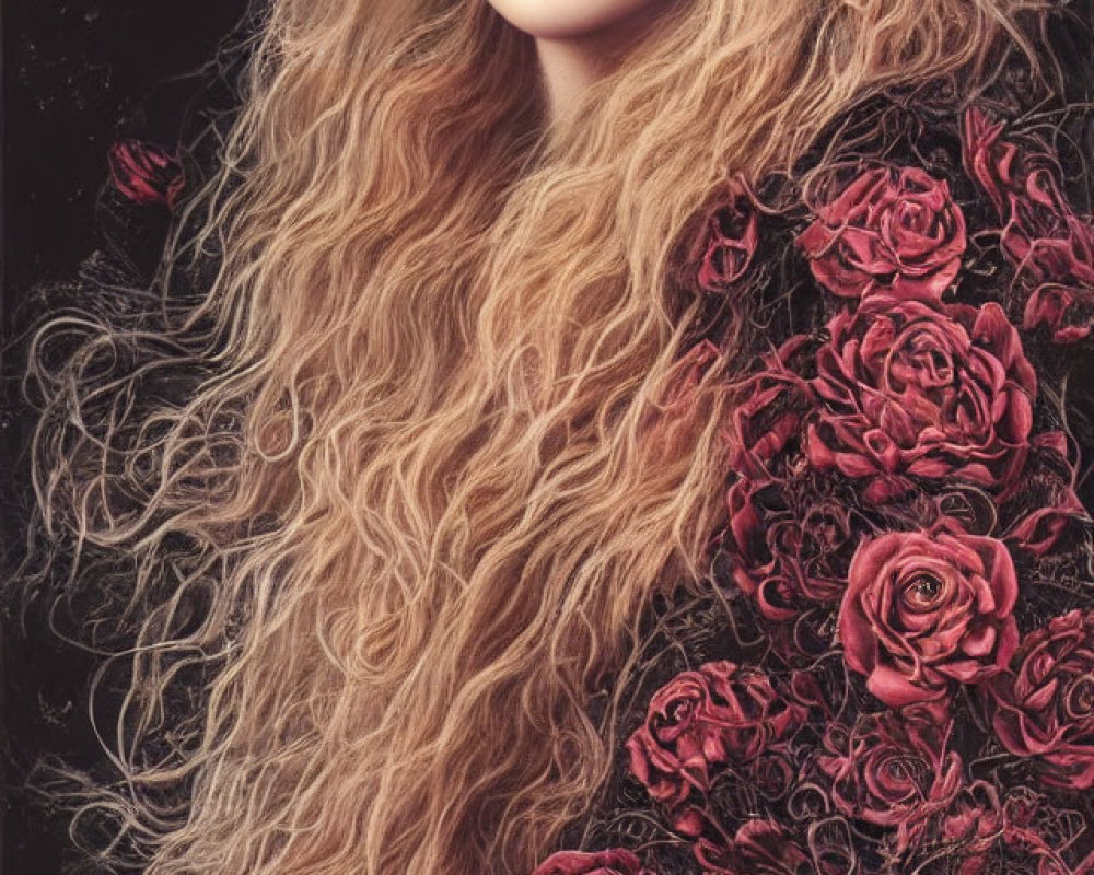 Woman with Voluminous Wavy Hair in Red Rose Garment on Dark Background