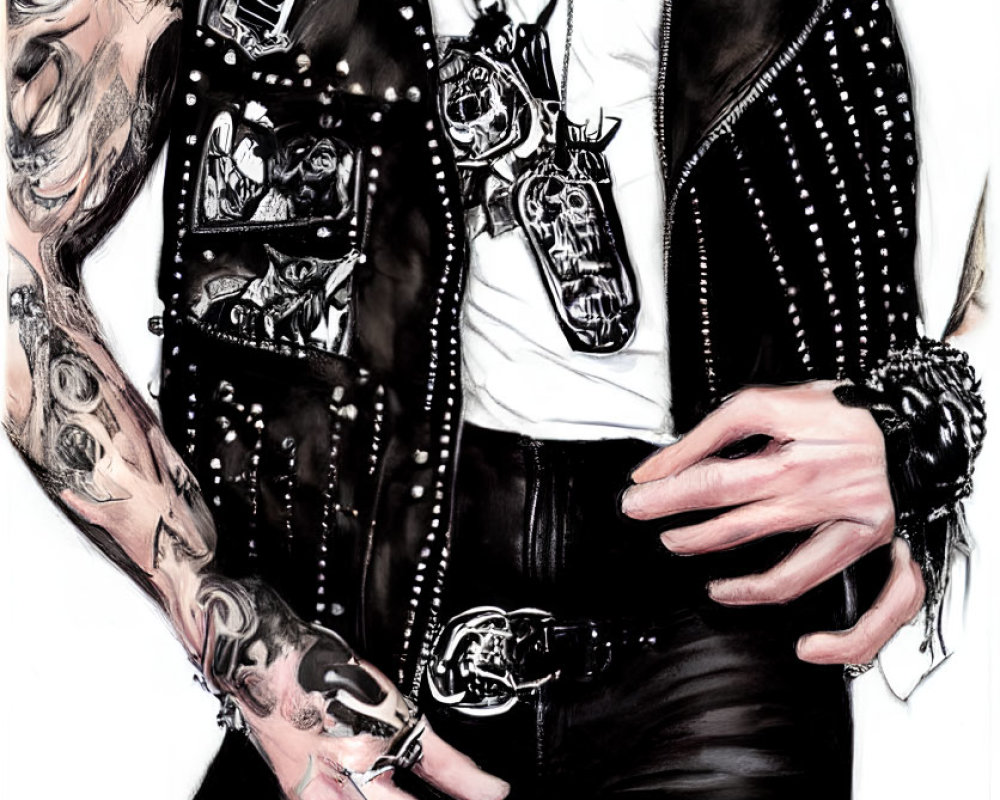 Person with tattoos in rock/punk style attire: studded leather jacket, chain necklace, black pants