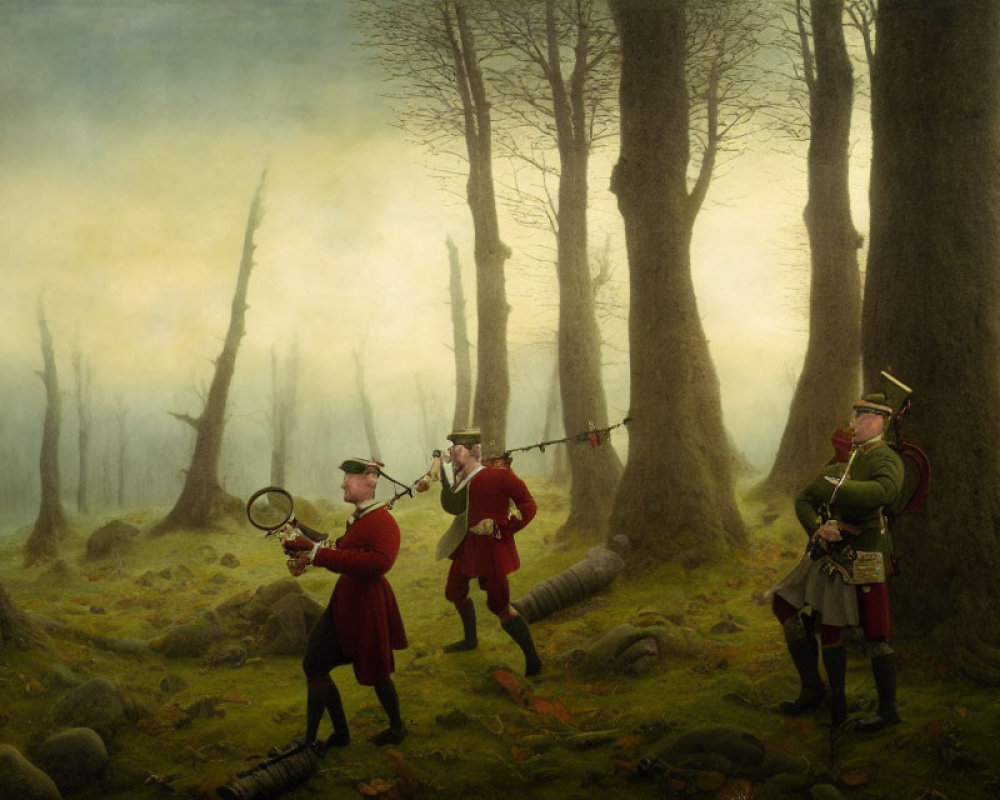 Traditional hunting scene with individuals, rifles, dog in misty woods