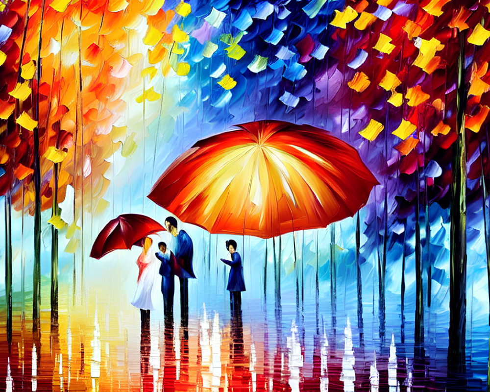 Vibrant family painting with umbrellas in autumn scene