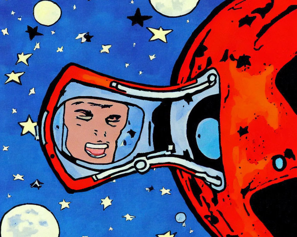 Astronaut in space with stars, moons, and red planet