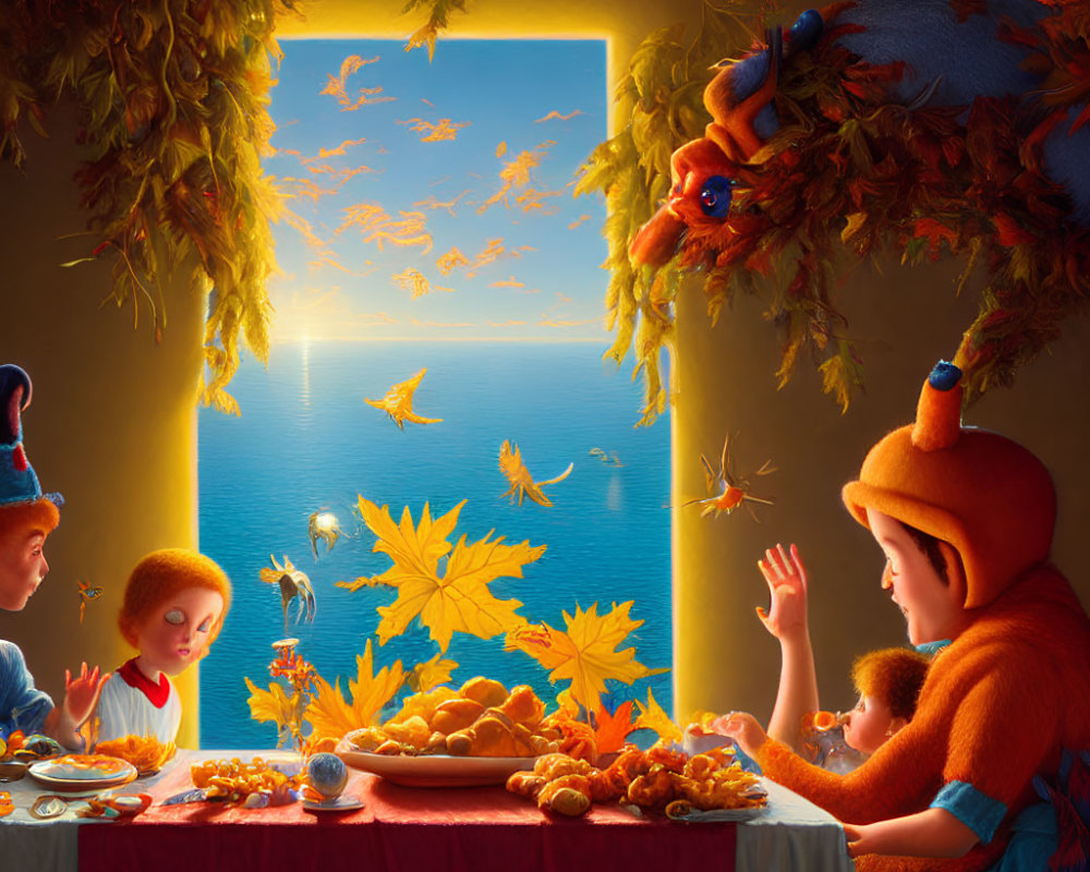 Family dining with sea view and oversized fruit decorations in autumn illustration