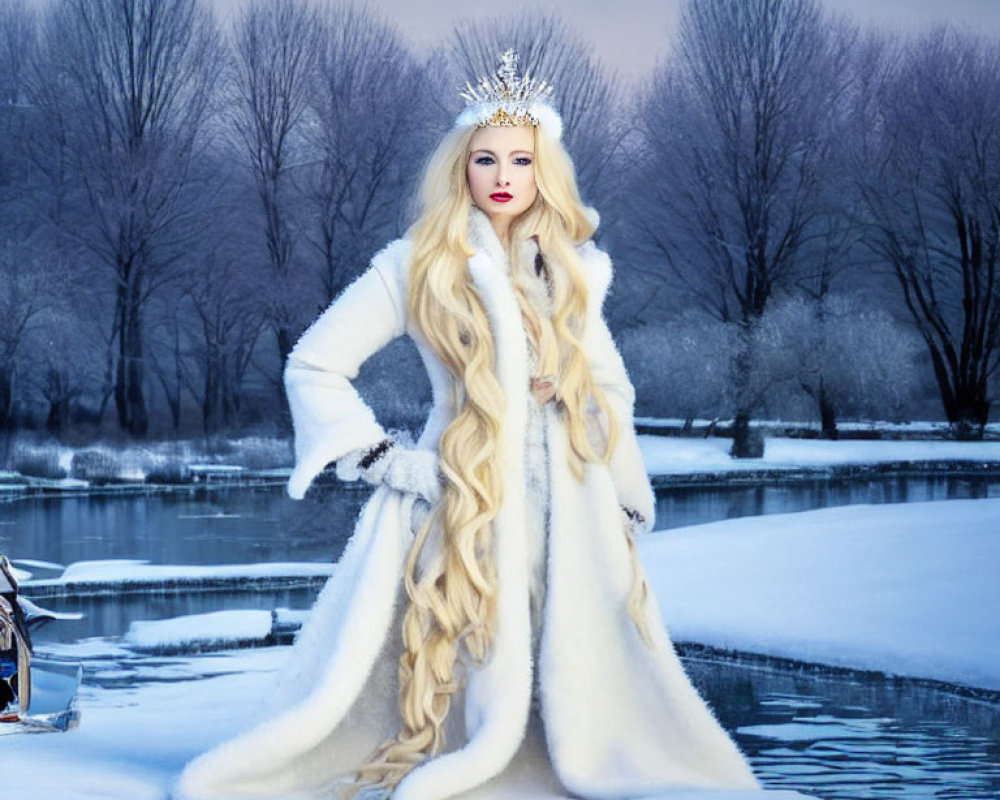 Snow Queen Costume: Woman in White Fur Coat in Snowy Landscape