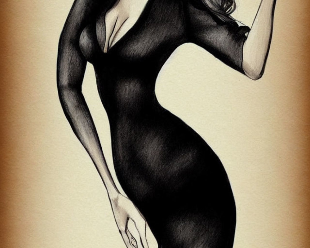 Stylized black and white drawing of confident woman in body-hugging dress