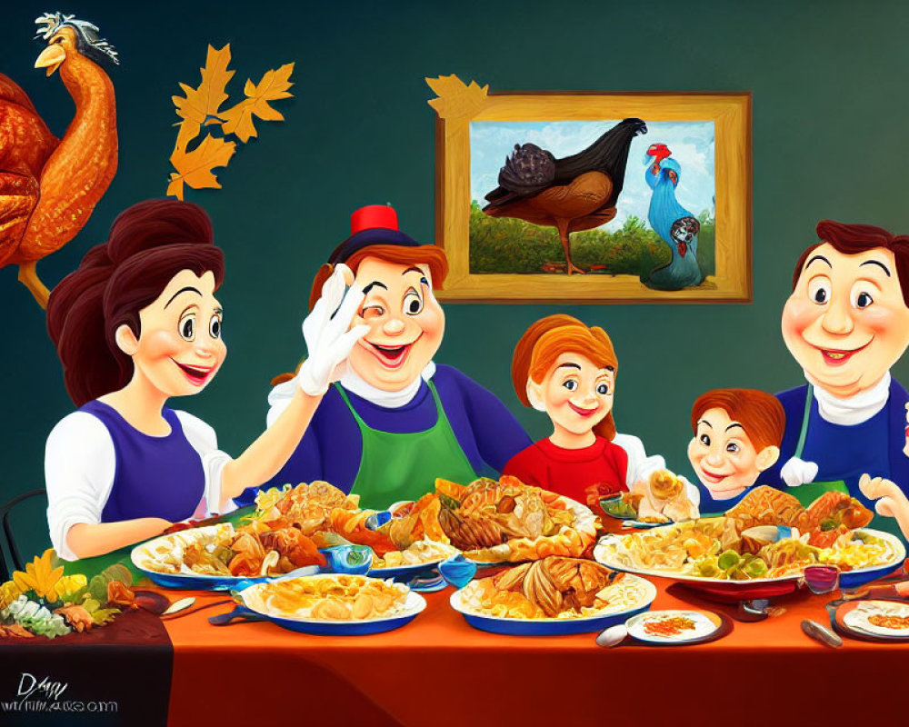 Vibrant family feast illustration with turkeys and joyful atmosphere