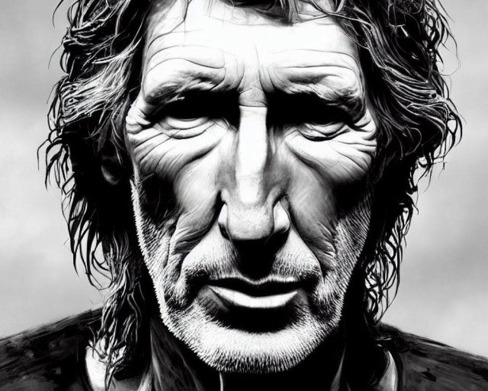 Greyscale digital portrait of a man with expressive eyes and deep wrinkles