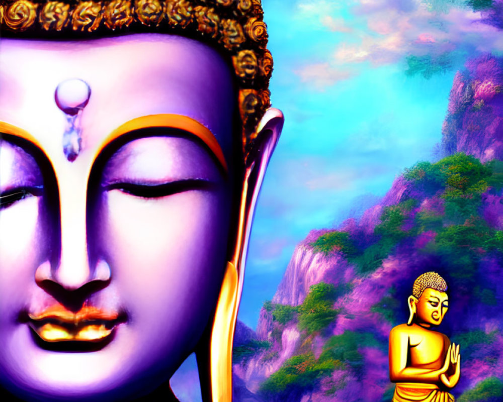 Colorful Buddha head and meditative figure in vibrant artwork