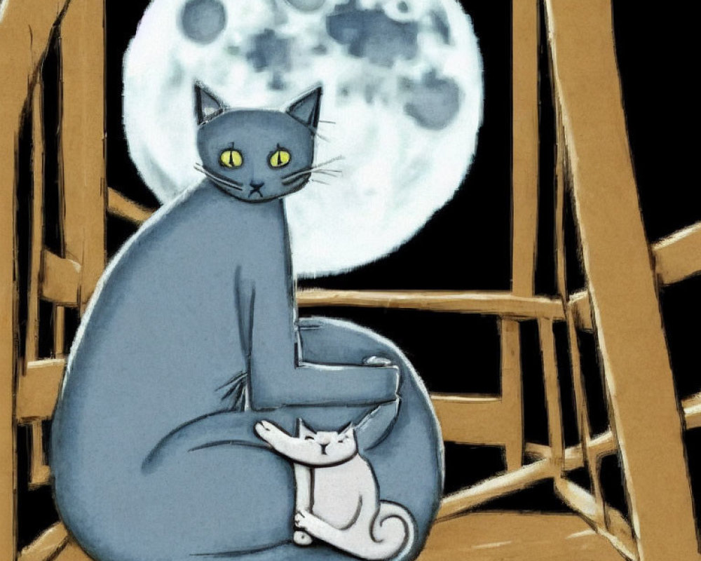 Large Grey Cat and White Kitten in Window Frame with Full Moon