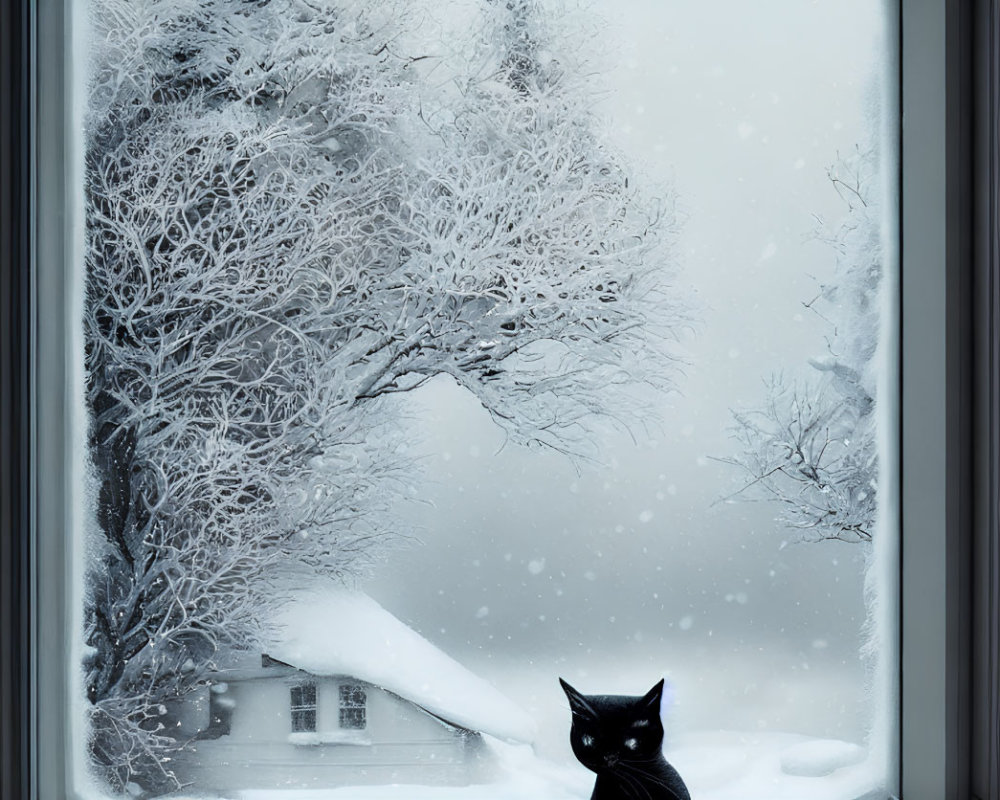 Black Cat Sitting on Windowsill Overlooking Snowy Landscape