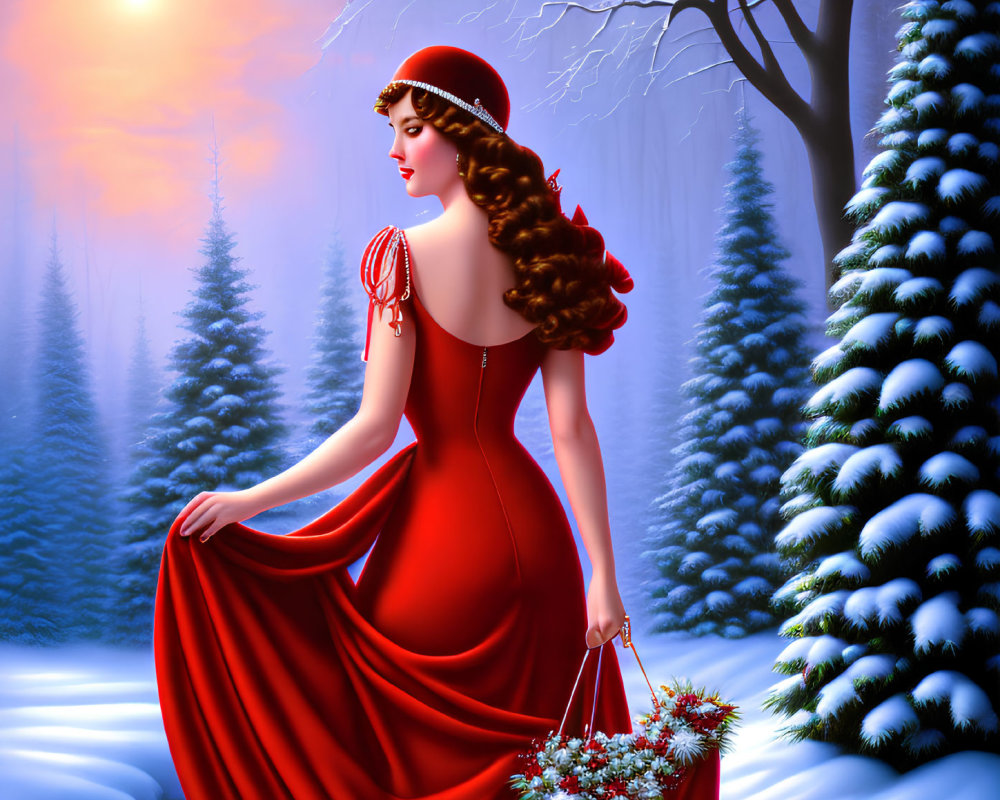 Woman in red dress and hat in snowy forest with sunset background.