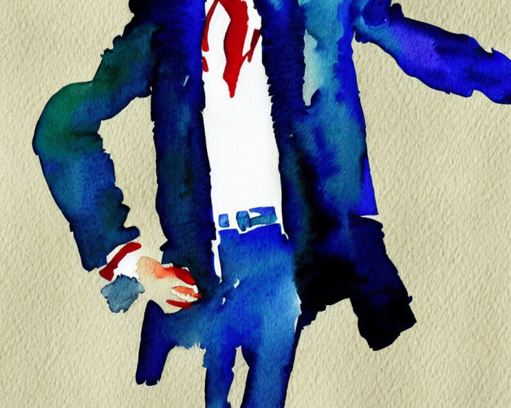 Person in Blue Suit Watercolor Painting: Indistinct Face, White Shirt, Red Tie