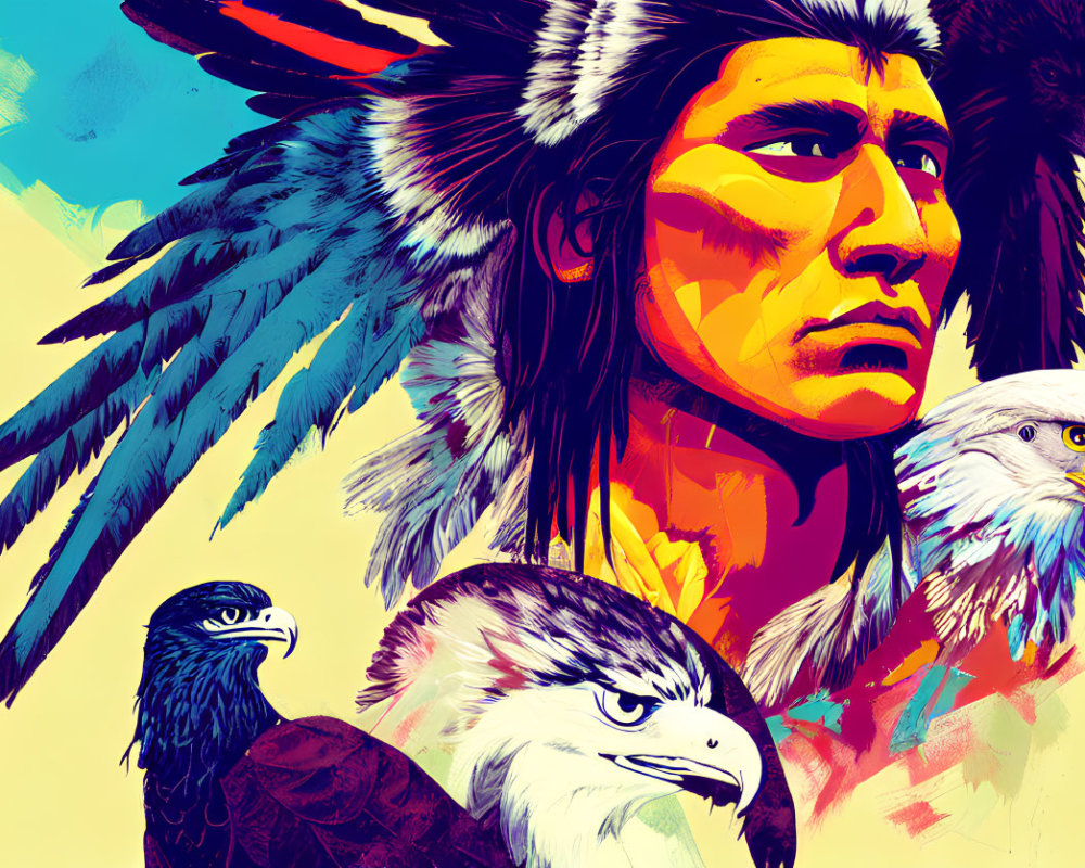 Native American profile with feathered headdress and eagles on yellow background