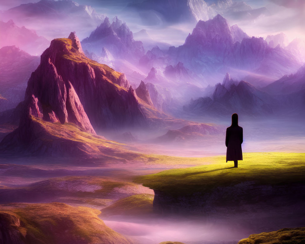 Person overlooking serene valley with purple hues, mountains, and mist