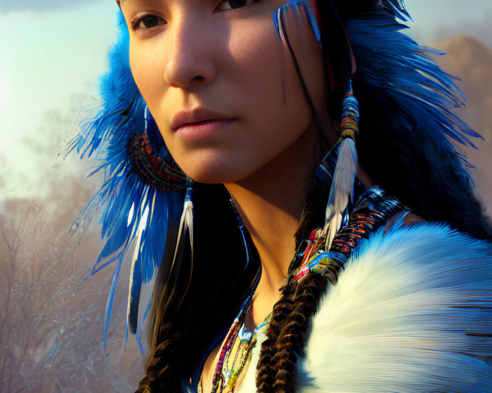 Traditional feather headdress portrait with intricate beadwork in outdoor setting