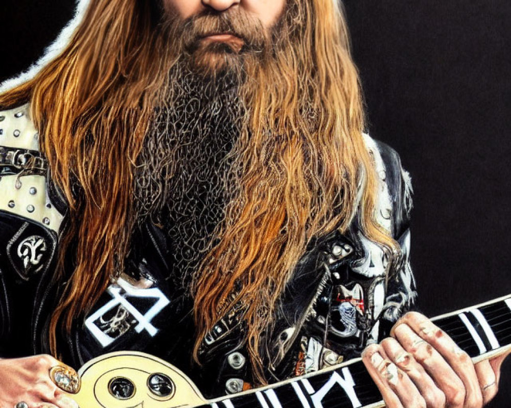 Bearded man with long hair in leather jacket playing guitar