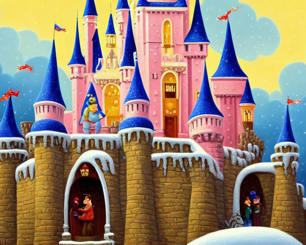 Whimsical winter castle illustration with snow, medieval characters, and dragons