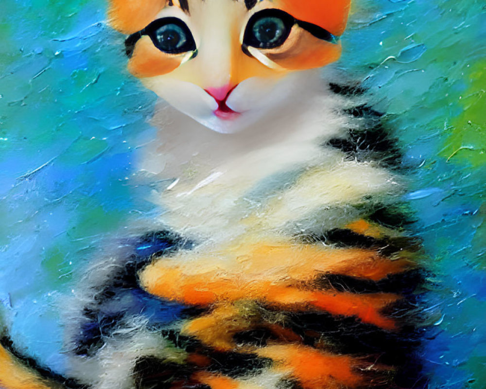 Colorful Kitten Painting with Vibrant Eyes and Multi-Colored Background