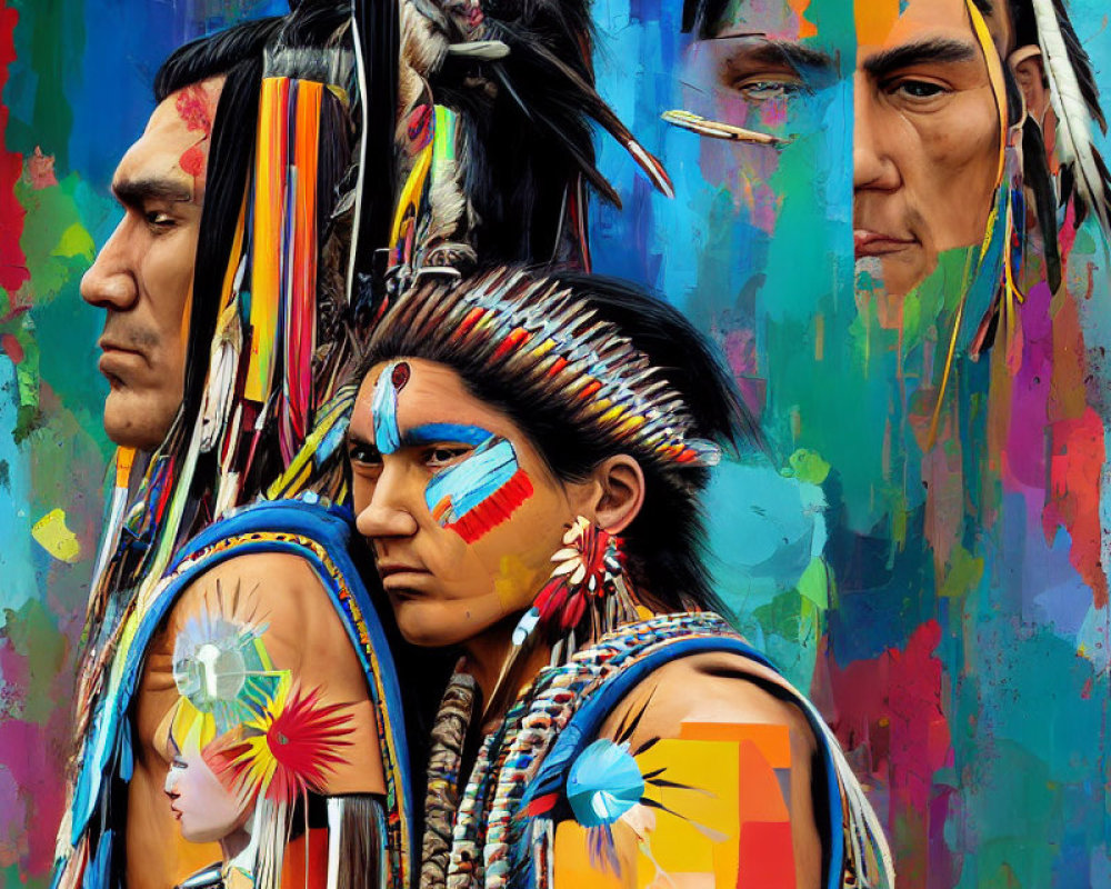 Native American individuals in traditional attire against abstract paint background