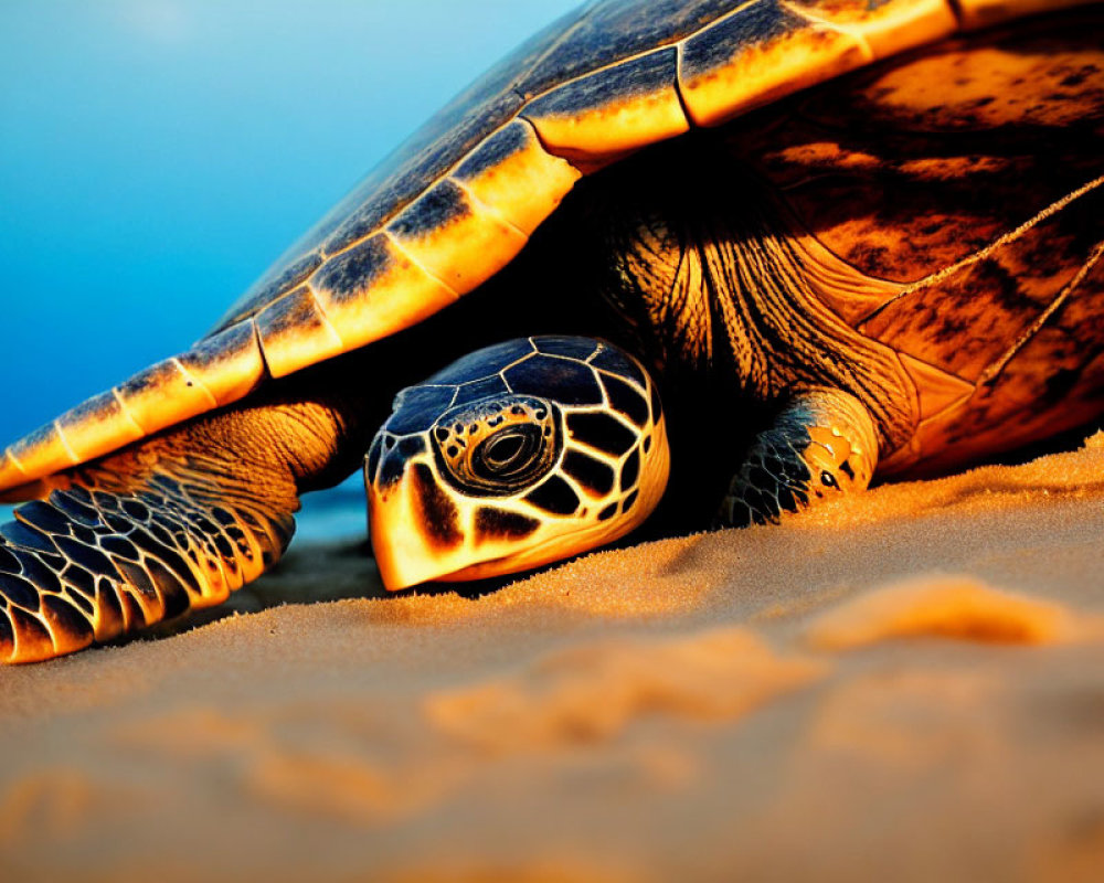 Sea turtle basking on beach with glowing shell in sunlight