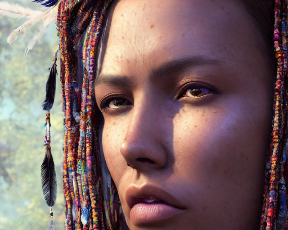 Digital portrait of woman with feathered headdress and beadwork against blurred background