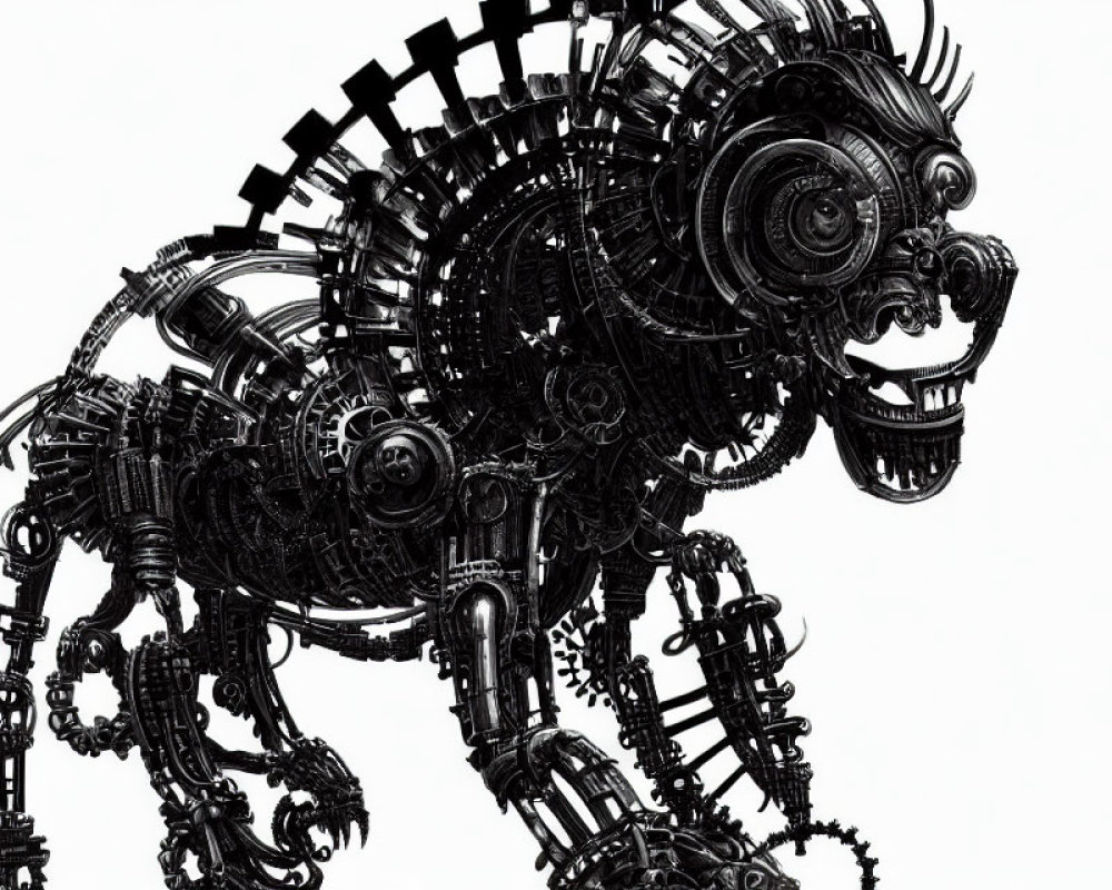 Detailed Mechanical Lion Sculpture with Interconnected Gears and Metal Parts