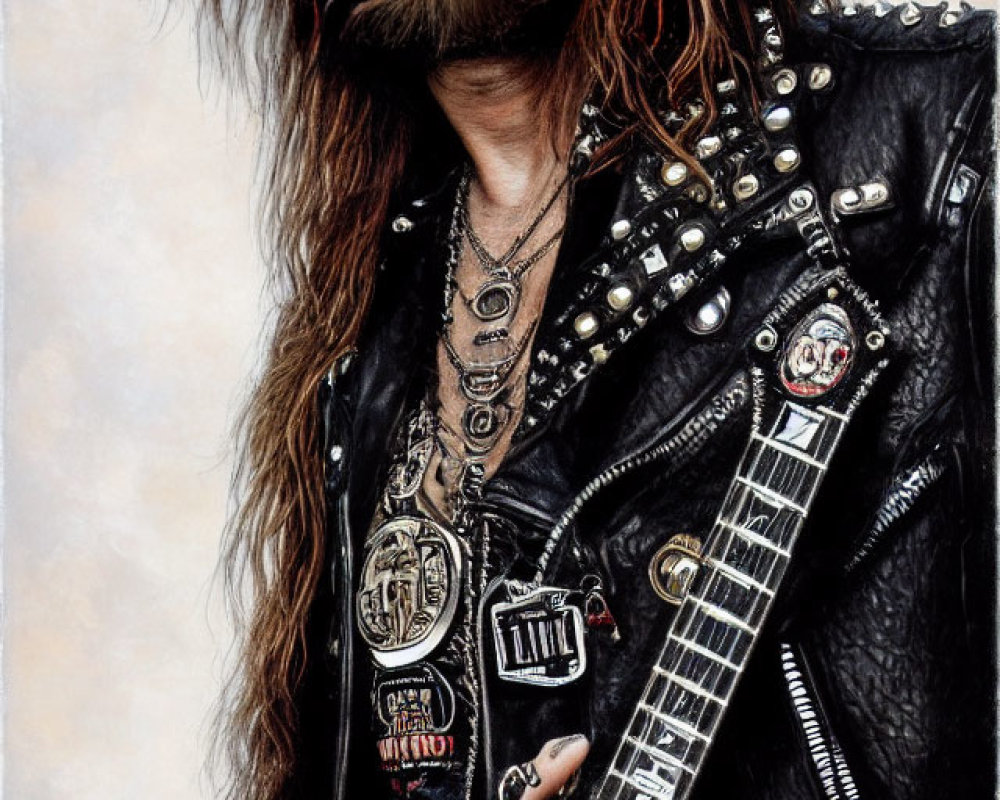 Bearded man in leather jacket with guitar and rings