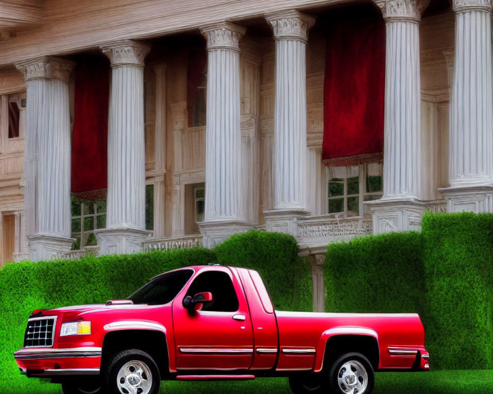 Bright red pickup truck outside building with white columns and red curtains, surrounded by green hedges.