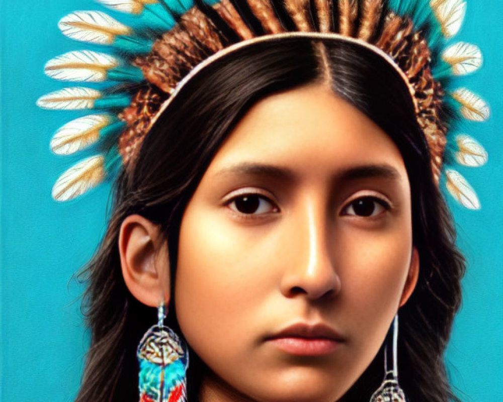 Portrait of a young person in feathered headdress and beaded earrings